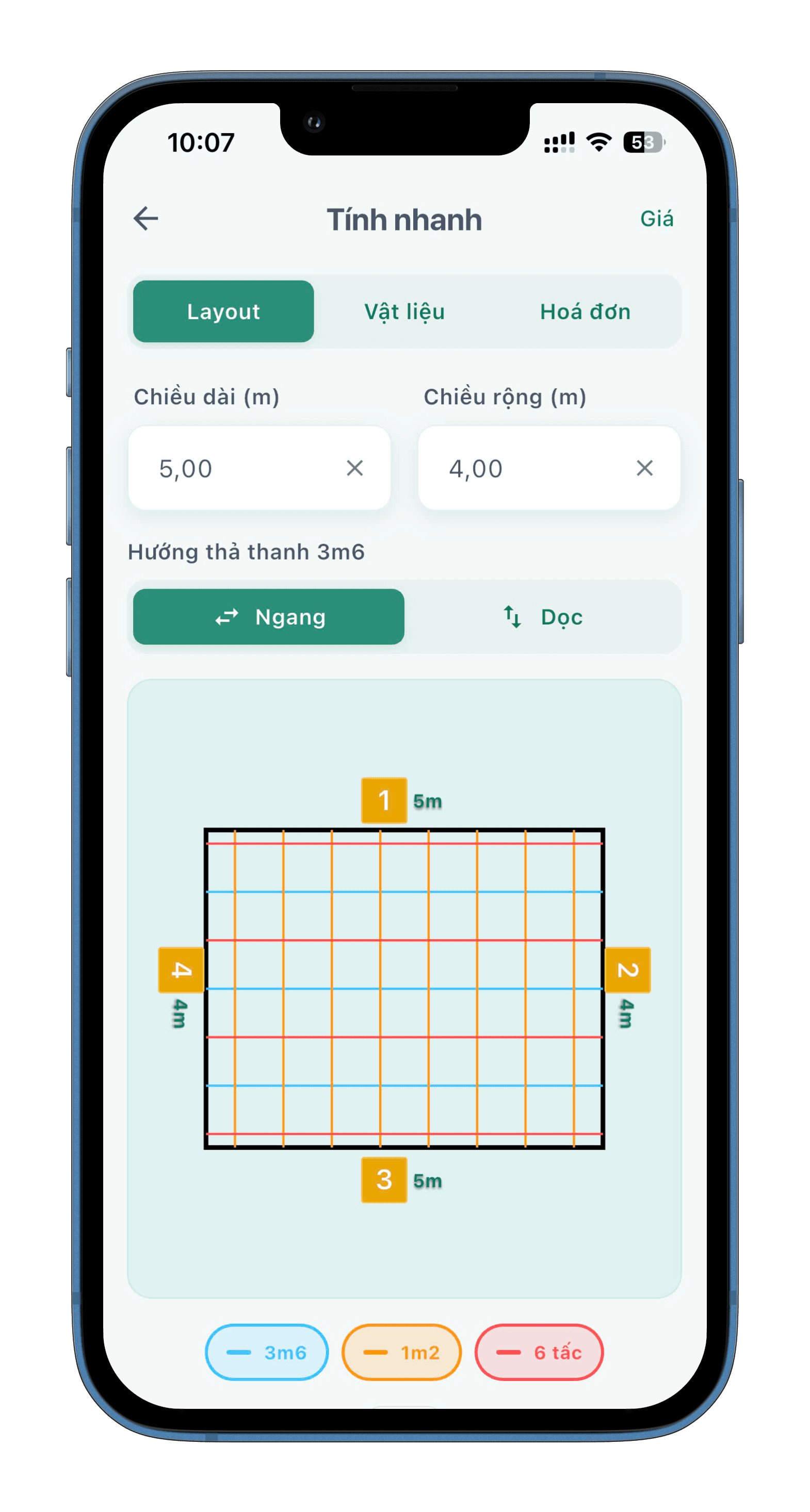 Giao diện nhập kích thước phòng